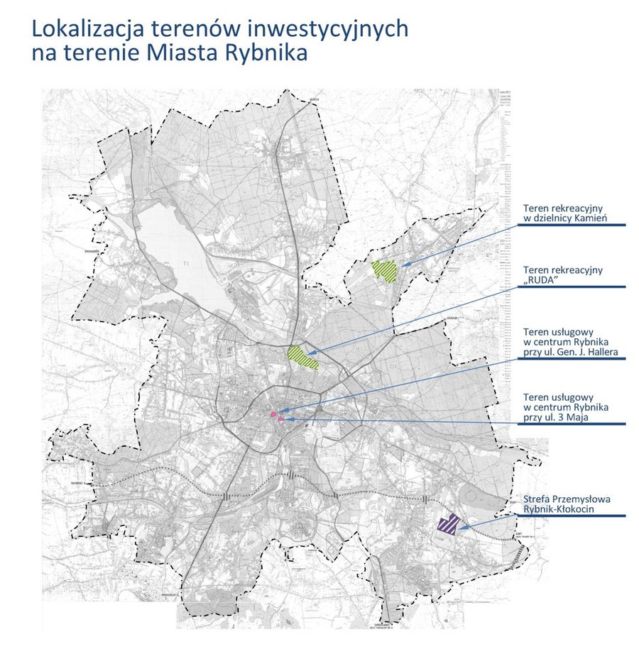 Mapa ilustrująca położenie terenów inwestycyjnych na tle miasta