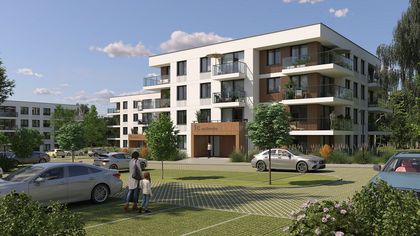 Wizualizacja budynku na ul. Frontowej. Wokół budynku znajdują się drzewa oraz samochody.