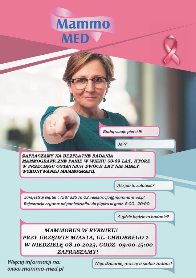 Plakat zachęcający kobiety do bezpłatnej mammografii w mammobusie w Rybniku