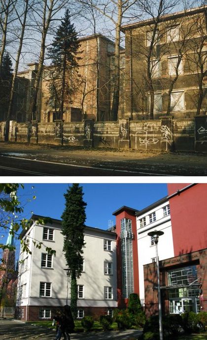 Budynek szkoły muzycznej - zestawienie dwóch zdjęć: kiedyś i dziś 