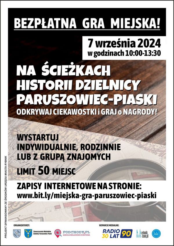 Plakat promujący grę miejską Na tropach historii dzielnicy Paruszowiec-Piaski