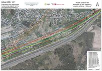 Mapa przebiegu linii kolejowej na tle zdjęcia lotniczego