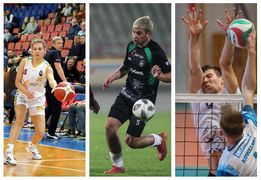 Kolaż trzech zdjęć sportowców uprawiających dyscypliny: koszykówka, piłkarka nożna, siatkówka