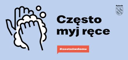 1 Wodzislawska wjazd Grafika przedstawiająca ręce w trakcie mycia oraz czarny napis na niebieskim tle