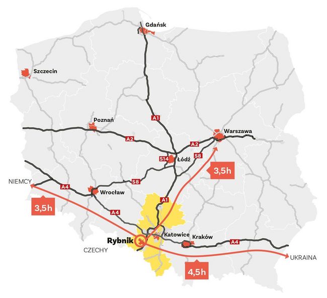 Mapa połączeń drogowych z Rybnika 