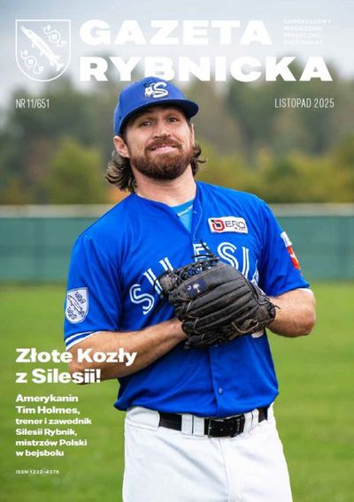 Okładka bieżącego numeru Gazety Rybnickiej: Tim Holmes, trener i zawodnik Silesii Rybnik, mistrzów Polski w bejsbolu