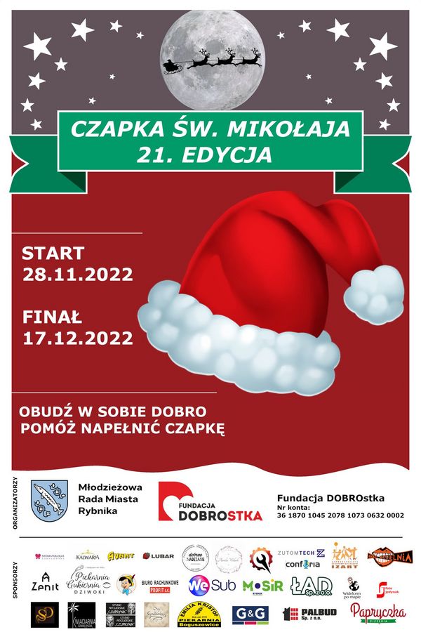Plakat reklamujący akcję Młodzieżowej Rady Miasta Rybnika - Czapka świętego Mikołaja