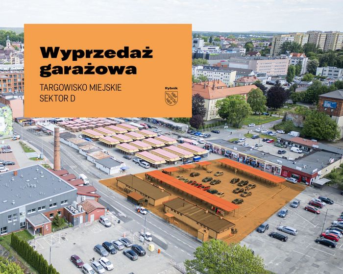 Targowisko w Rybniku i napis: wyprzedaż garażowa