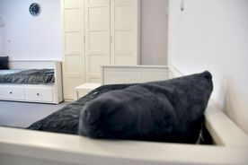 Umeblowane jasne wnętrze, na pierwszym planie szara poduszka.