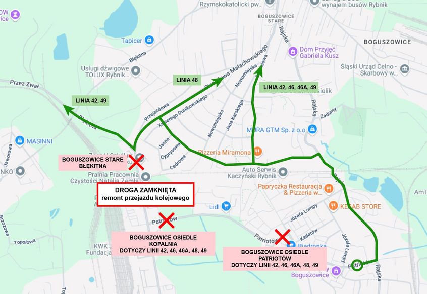 Mapa objazdów autobusów KM