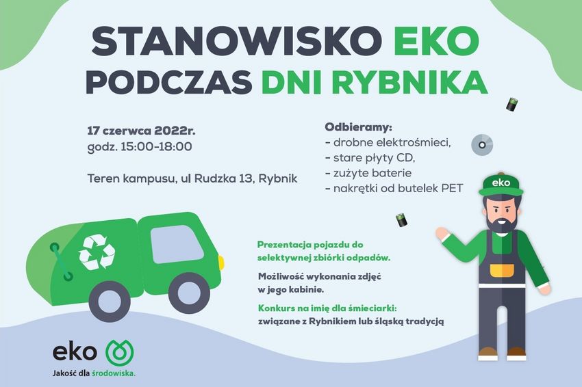 Informacja o stanowisku eko podczas Dni Rybnika, rysunek samochodu odbierającego odpady oraz pracownika, zielono-czarne napisy dotyczące wydarzenia 