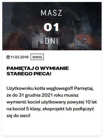 Zrzut fragmentu strony internetowej z licznikem smogowym