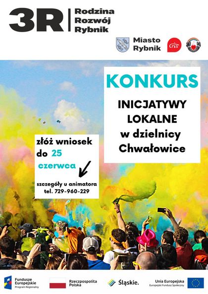 Kolorowa grafika informująca o naborze wniosków na inicjatywy lokalne dla dzielnicy Chwałowice