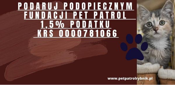 Grafika informująca o możliwość przekazania 1,5% podatku na rzecz Fundacji Pet Patrol 