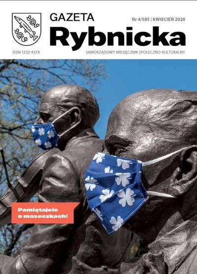Okładka bieżącego numeru Gazety Rybnickiej - pomnik braci Szafranków, obaj mają na twarzach maseczki ochronne