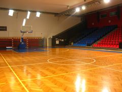 Hala sportowa z parkietem i widownią 