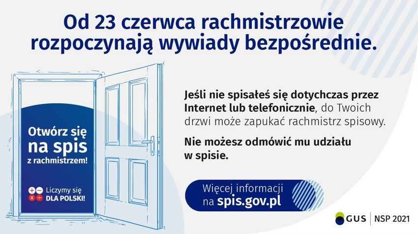 Grafika związana z narodowym spisem powszechnym - informacja, że 23 czerwca rachmistrzowie ruszaja w teren. 
