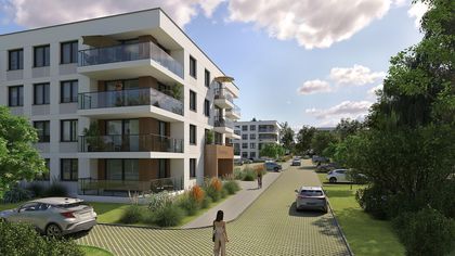 Wizualizacja budynku na ul. Frontowej. Wokół budynku znajdują się drzewa oraz samochody.