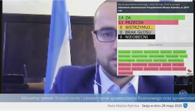 Zrzut ekranu z transmisji sesji rady miasta. W rogu ekranu tablica wynikami głosowania. 