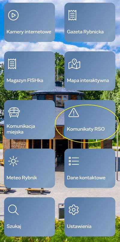 Grafika aplikacji haloRybnik z zaznaczoną kafelką Komunikaty RSO