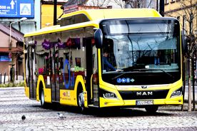 Autobus miejski w kolorze żółtym, stojący na ulicy