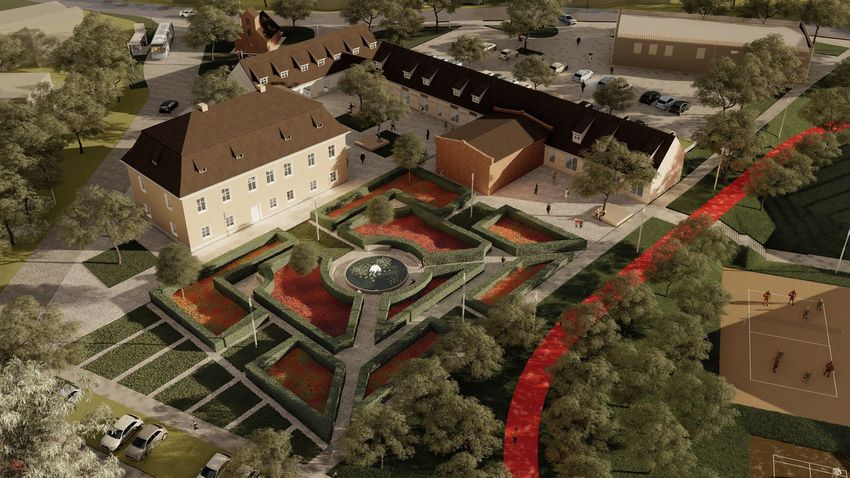 Wizualizacja odrestaurowanego dworu pocysterskiego wraz z ogrodem - widok z góry. 