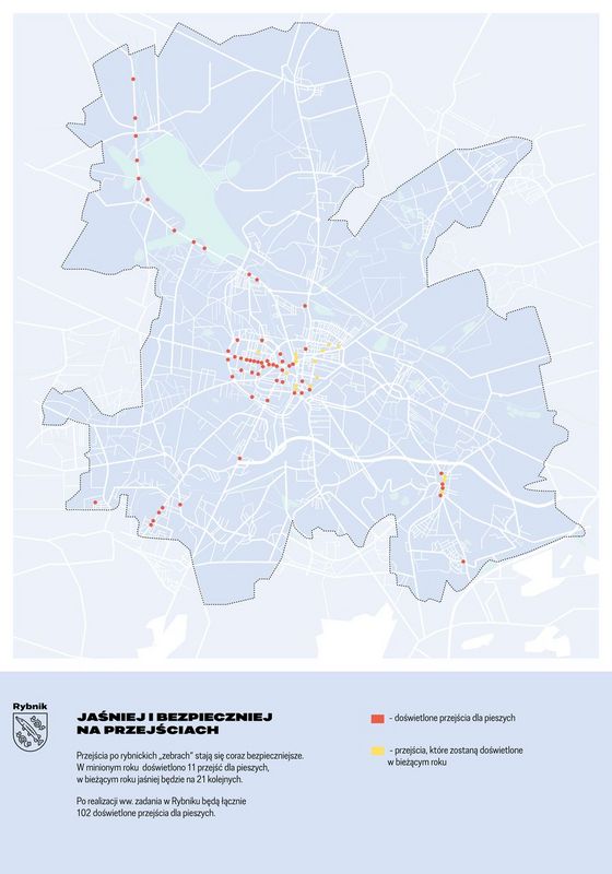 Mapa Rybnika z lokalizacją doświetlonych przejść dla pieszych i przejść planowanych do doświetlenia w bieżącym roku. 