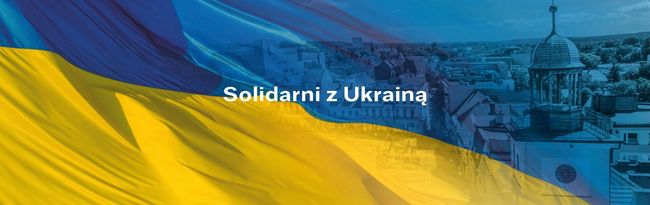 Niebiesko-żółta grafika stylizowana na flagę Ukrainy z napisem solidarni z Ukrainą