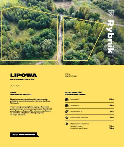 Oferta terenu inwestycyjnego - obrys terenu na zdjęciu obszaru oraz informacje o terenie. 