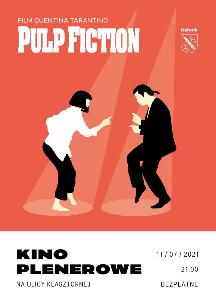 Grafika obrazkowa, zapraszająca na pokaz filmu Pulp Fiction w kinie plenerowym