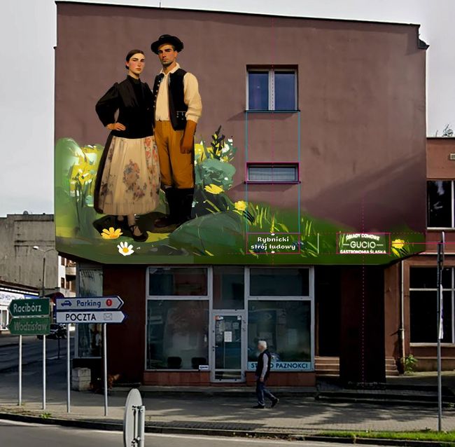 Mural na Placu Kopernika - para w rybnickim tradycyjnym stroju
