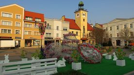Dekoracje wielkanocne (zajączki, kwiaty, ptaszki) w przestrzeni miejskiej - na drzewach i budynkach