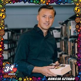 Grafika promując aukcję WOŚP - Spotkanie przy książkach z Mateuszem Banaszkiewiczem