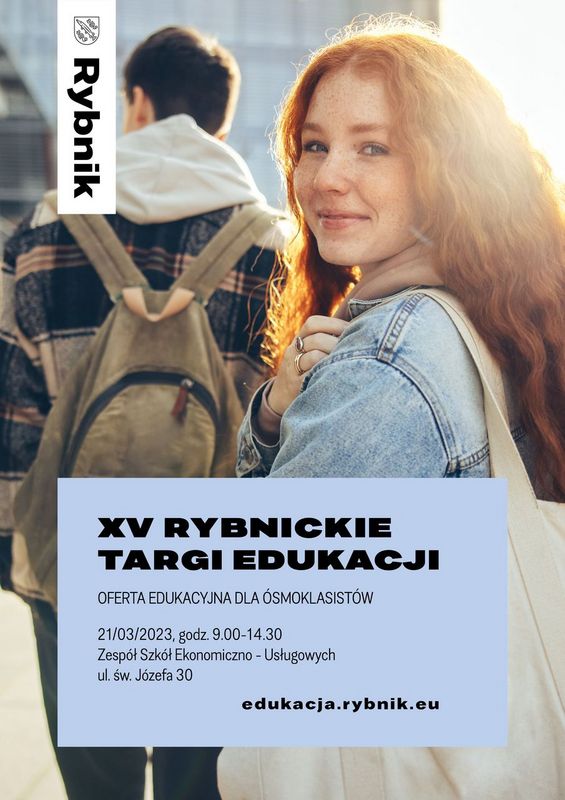Plakat informujący o wydarzeniach w ramach Rybnickich Targów Edukacji, o których mowa w tekście 