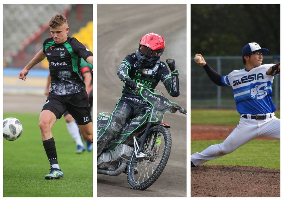 Kolaż trzech zdjęć sportowców: piłkarza, żużlowca i baseballisty