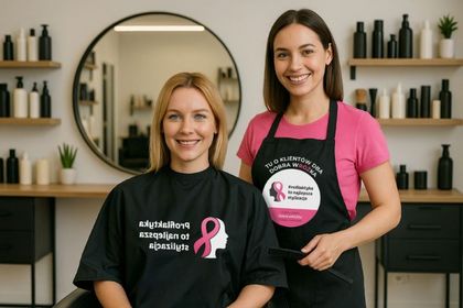 Kobiety w salonie fryzjerskim. Dołączone logo informujące o akcji społecznej - profilaktyka to najlepszy specjalista