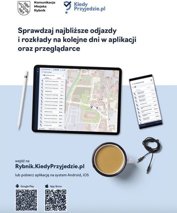 Grafika reklamując portal i aplikację KiedyPrzyjedzie.pl 