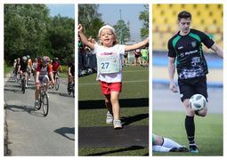 Kolaż zdjęć: rowerzyści, biegnące dziecko, piłkarz. 