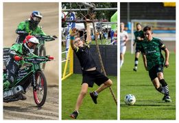 Kolaż zdjęć przedstawiających różne dyscypliny sportowe: żużel, zawody zręcznościowe, piłka nożna 