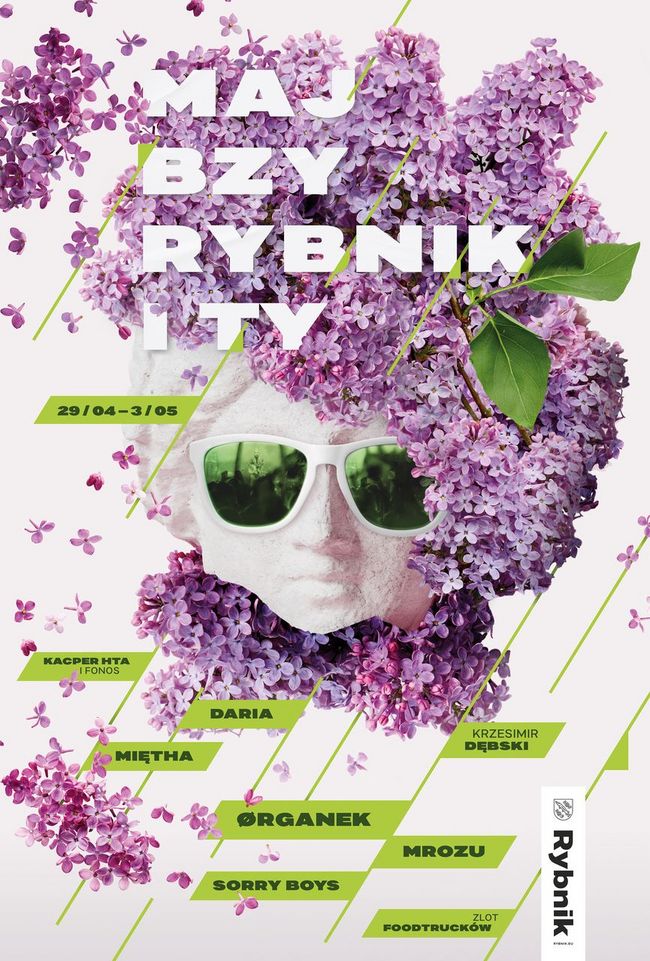 Plakat rybnickiej majówki Maj, bzy Rybnik i ty! Informacja o artystach, którzy wystąpią, twarz posągu w okularach przeciwsłonecznych i wieńcem z fioletowego bzu na głowie