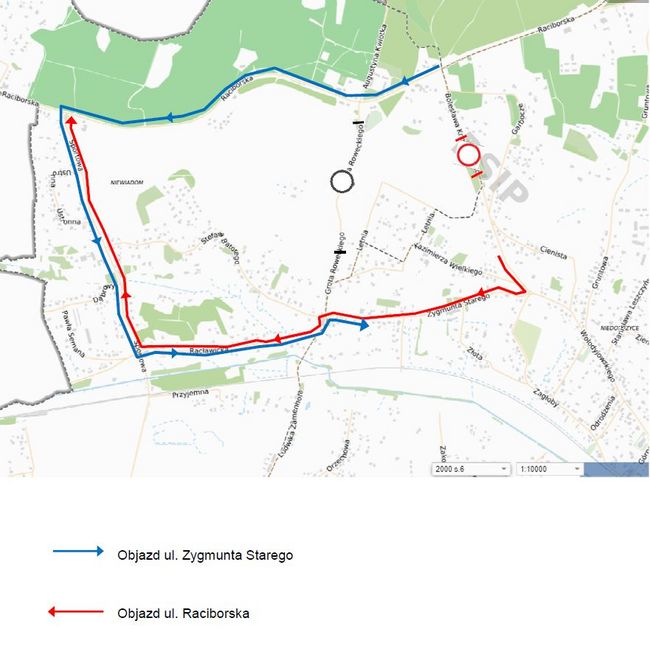 Mapa objazdów ul. Krzywoustego