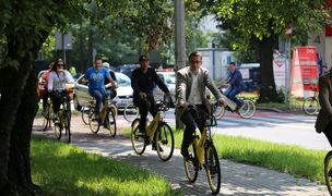 Kilka osób jadących alejką wśród drzew na rowerach miejskich