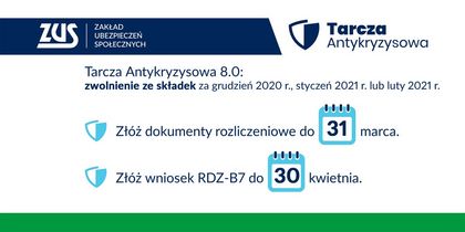 Tarcza kryzysowa 8.0. Grafika z logo Zakładu Ubezpieczeń Społecznych na temat zwolnienia ze składek, o czym mowa w tekście. 