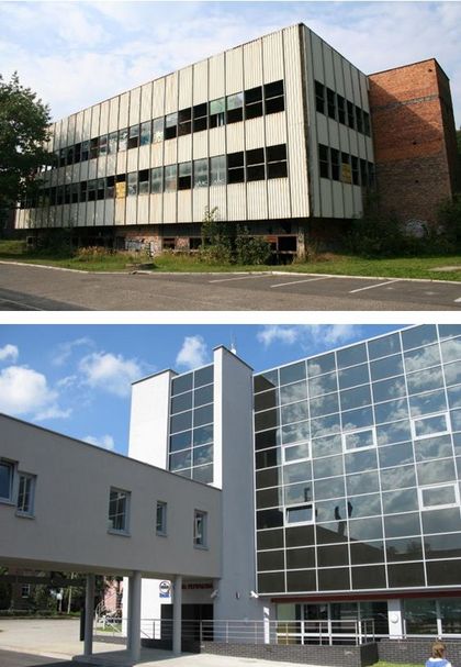 Budynek pływalni - zestawienie dwóch zdjęć: kiedyś i dziś 