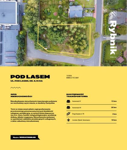 Oferta terenu inwestycyjnego - obrys terenu na zdjęciu obszaru oraz informacje o terenie. 