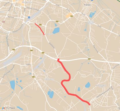 Mapa - planowany przebieg drogi pieszo-rowerowej Tkoczów-Przez Zwał