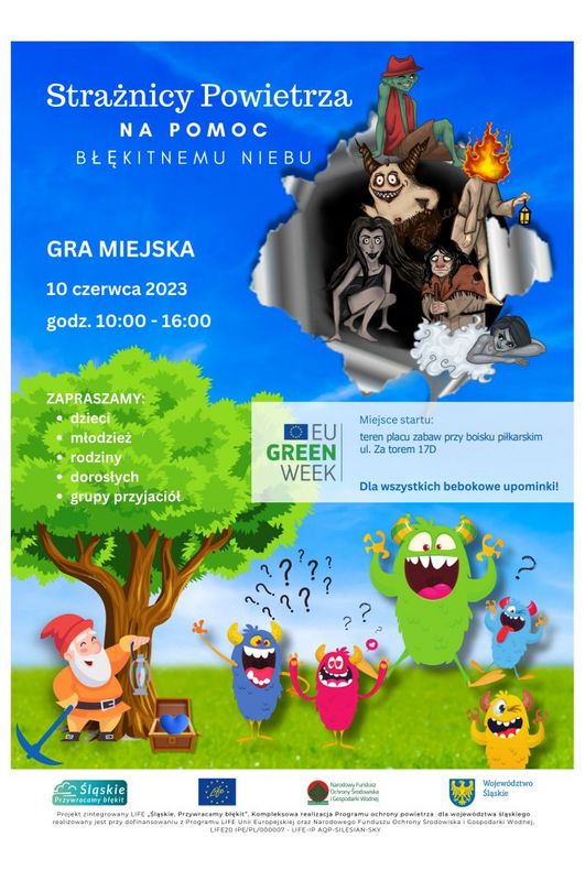 Plakat gry miejskiej Strażnicy Powietrza na pomoc błękitnemu niebu