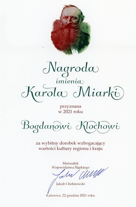 Dyplom dla Bogdana Klocha, laureata nagrody im. Karola Miarki, za upowszechnianie kultury.