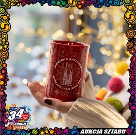 Grafika promując aukcję WOŚP - Limitowane kubki „Jarmark u Antoniczka" - ostatnie 6 sztuk