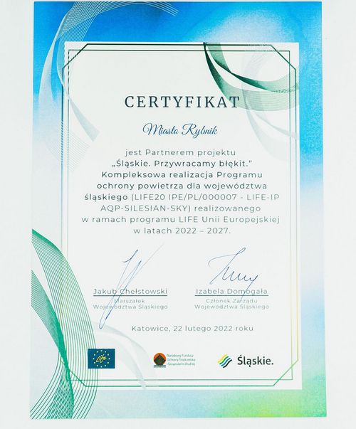 Skan Certyfikatu dla Miasta Rybnika jako partnera projektu „Śląskie. Przywracamy błękit”.